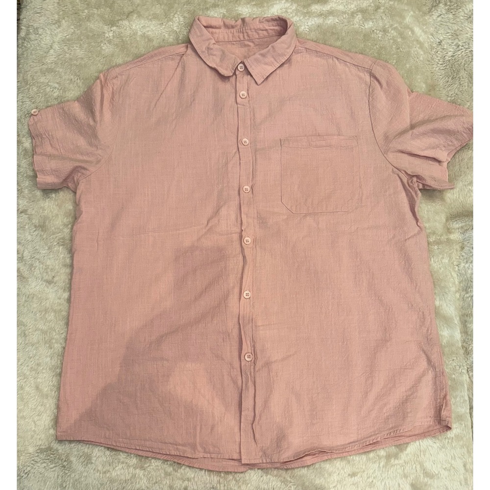 Mens Salmon Pink 100% Cotton Short Sleeve Button Down Shirt Textured Gauze XL